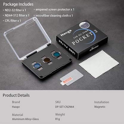 Haoge Filter Set for DJI Osmo Pocket 3 Creator Combo,with CPL, Variable ND 2-32,Variable ND 64-512 Filters and Screen Protector,Kit for Landscape Photography
