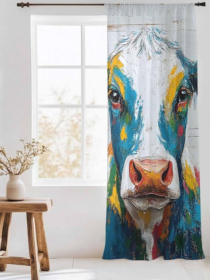 Sheer Curtains 96 Inches Long, Rustic Cow Semi Sheer Curtains Light Filtering Window Treatment, Vintage Colorful Animals Art Wooden Grain Privacy Voile Drapes for Living Room Bedroom 52x96 Inch