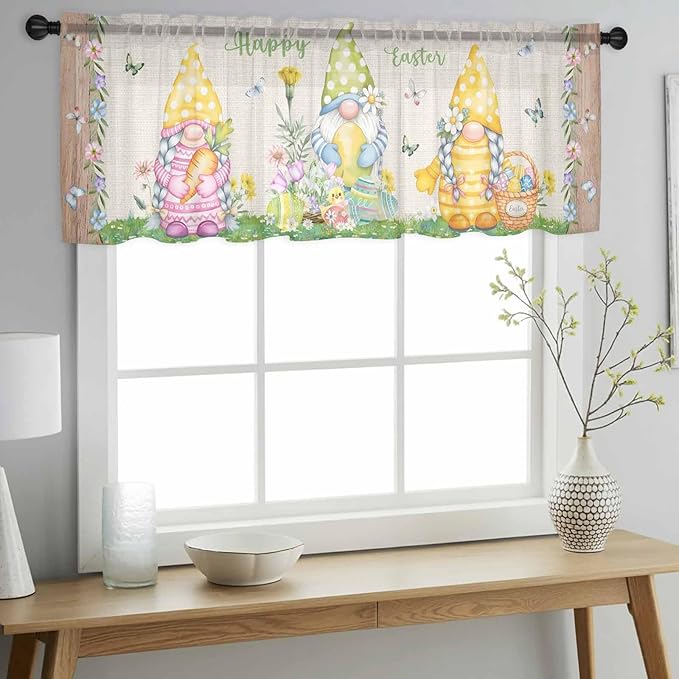 Easter Sheer Valances for Windows 42"x12", Light Filtering Kitchen Curtains Valance, Rustic Gnomes Duck Floral Colorful Eggs Wooden Grain Rod Pocket Chiffon Curtains for Living Room Bedroom Cafe