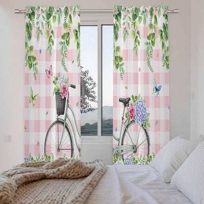 Spring Kitchen Curtains, Bicycles Leaves Butterfly Flowers Pink Buffalo Plaid Light Filtering Window Curtain Panels, 2Pcs Rod Pocket Window Treatments Set for Living Room Bathroom Bedroom 52x72 Inches