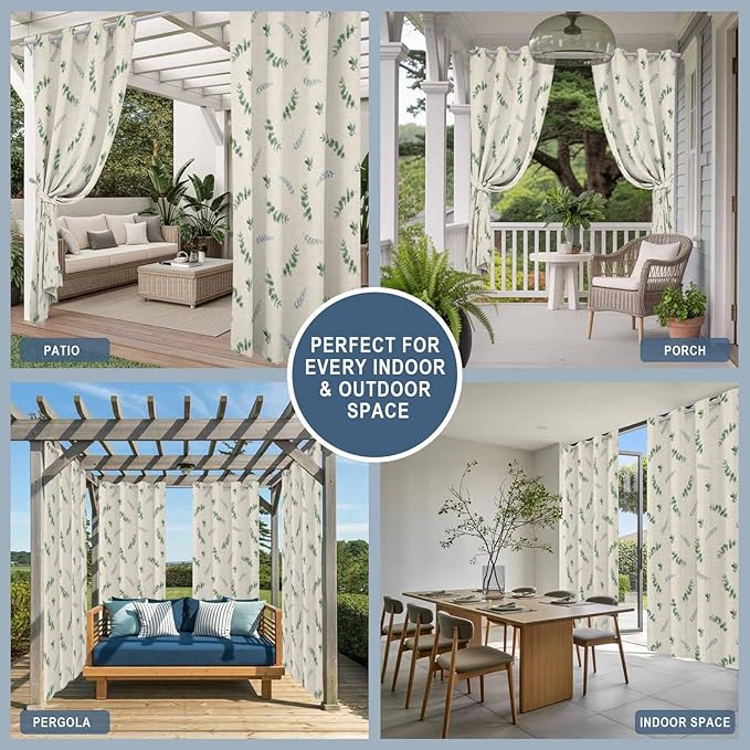 Leaf Outdoor Curtains for Patio Summer Jugal Leaves Pastoral Plant Linen Waterproof Outside Curtains with Grommet Top Weatherproof Curtain for Cabana Pergola Gazebo, 1 Panel, 54" W x 84" L