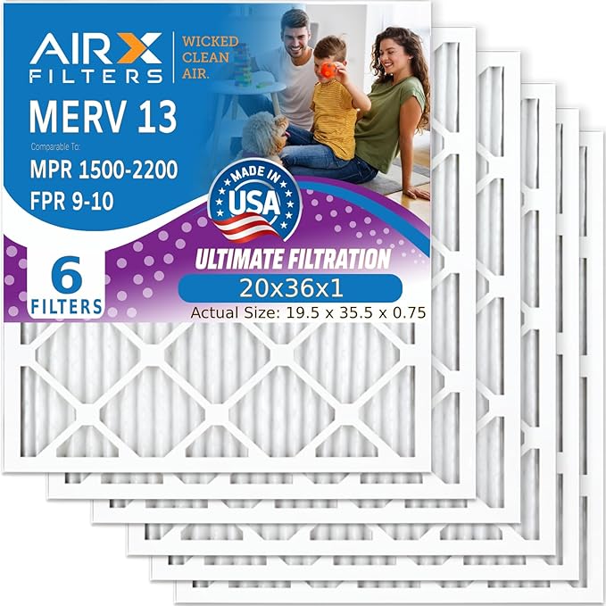 AIRX FILTERS WICKED CLEAN AIR 20x36x1 MERV 13 Electrostatic Pleated Air Conditioner Filter Pack of 6 for HVAC AC Furnace Systems