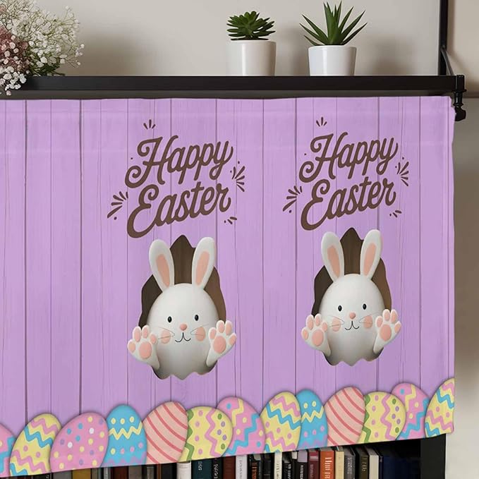 Purple Easter Curtain Valances for Windows, Kitchen Valance Window Treatment, Spring Cartoon Bunny Colorful Eggs Wood Grain Light Filtering Block Curtains for Bathroom/Bedroom/Living Room 60'' x 18''