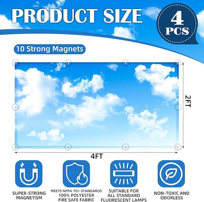 4 Pcs Fluorescent Light Covers - Classroom, Office 4 x 2 Feet Flame Retardant Magnetic Covers for Ceiling Lights Filters (Blue Skies & White Clouds)