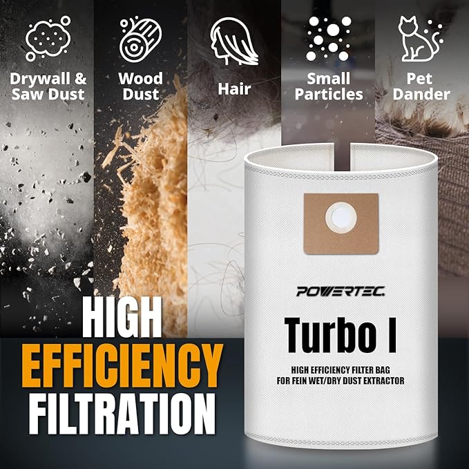 POWERTEC Turbo I, 9-20-27 Fleece Filter Bags 5PK, for Fein Dustex 25 L Wet/Dry Dust Extractor, for Fein 31345061010 Shop Vacuum Replacement Bags, Filter Bags, Dust Bags (75041)