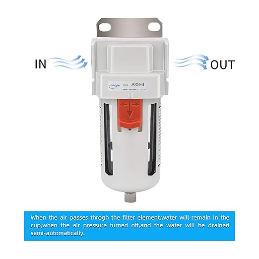 NANPU 3/8" NPT Compressed Air Line Filter, 5 Micron Brass Element, Bracket, Poly Bowl, 145 psi