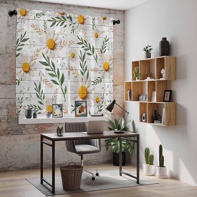 Spring Daisy Kitchen Curtains, Farmhouse Country Flower Leaf Plant Wood Grain Light Filtering Window Curtain Panels, 2Pcs Rod Pocket Window Treatments Set for Living Room Bathroom Bedroom 42x63 Inches