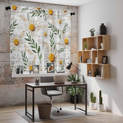 Spring Daisy Kitchen Curtains, Farmhouse Country Flower Leaf Plant Wood Grain Light Filtering Window Curtain Panels, 2Pcs Rod Pocket Window Treatments Set for Living Room Bathroom Bedroom 42x63 Inches