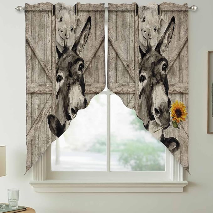 Funny Farm Animals Swag Valances for Windows, Vintage Barn Brown Sunflowers Rod Pocket Kitchen Curtains Valance, Small Window Curtains Swag for Cafe Bathroom Living Room, 2 Panels, 28x36 inch