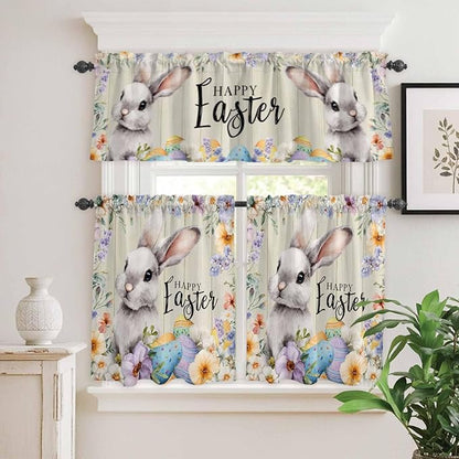 Easter Grey Bunny Kitchen Curtains Set 3 Piece for Windows,Rod Pocket Valance and Tier Set 24 Inch Length,Spring Colorful Eggs Flower Wooden Grain Light Filtering Cafe Curtains for Living Room
