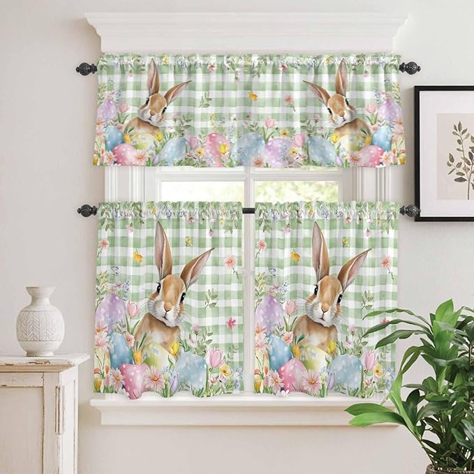 Kitchen Curtains Tiers and Valance Set of 3, Easter Light Filtering Window Curtain Set, Spring Bunny Colorful Eggs Floral Leaves Grey Plaid Rod Pocket Curtain Drapes for Living Room, 24 Inches Tiers