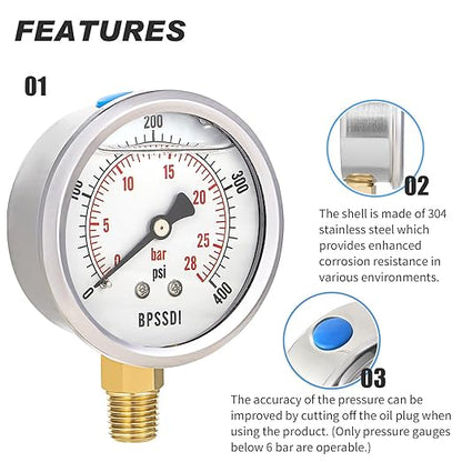 0-400 Psi Glycerin Liquid Filled Pressure Gauge, 2.5" Dial Size, 1/4" NPT Lower Mount, 304 Stainless Steel Case, for Pool Pump Sand Filter Air Compressor, Water Oil Air Pressure Test