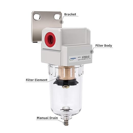 NANPU 1/4" NPT Compressed Air Line Filter, 5 Micron Brass Element, Bracket, Poly Bowl, 145 psi
