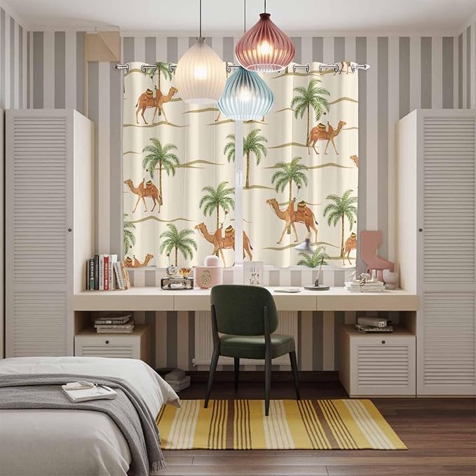 2 Panel Kitchen Cafe Curtains, Date Coconut Tree Sunlight Filtering Nature Air Through, Home Decor Window Covering Tier Curtains for Living Room 80W x 63L inch Desert Camels Botanical Tropical Beige