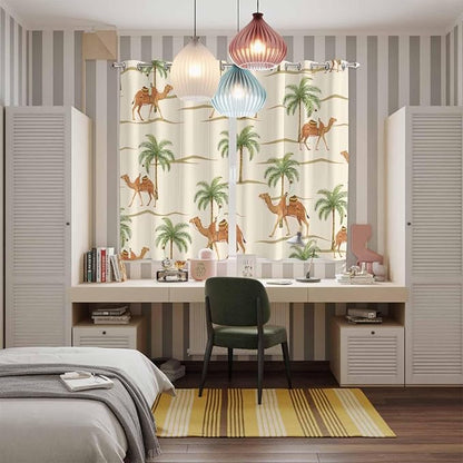 2 Panel Kitchen Cafe Curtains, Date Coconut Tree Sunlight Filtering Nature Air Through, Home Decor Window Covering Tier Curtains for Living Room 80W x 63L inch Desert Camels Botanical Tropical Beige
