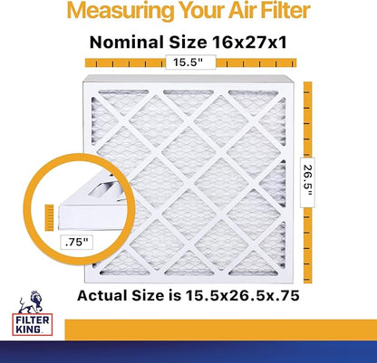 Filter King 16x27x1 Air Filter | 6-PACK | MERV 13 HVAC Pleated A/C Furnace Filters | MADE IN USA | Actual Size: 15.5 x 26.5 x .75"