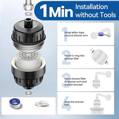 VOXON 36-Stage Shower Filter, Revitalize Hair Skin Nails with Purifying Water, Shower Head Filter for Hard Water 99% Lead Chlorine, Fluoride &Chemicals removed Improves Skin Hair Matte Black