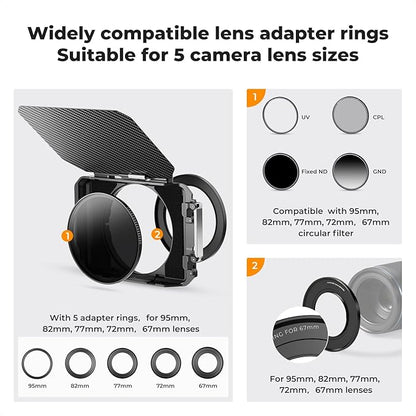 K&F CONCEPT Mini Matte Box +Black Mist 1/4 Filter Kit, DSLR Camera Matte Box with Carbon Fiber Top Flag Square Filters Trays with 67/72/77/82/95mm Adapter Rings, for 4x5.65 Square UV ND Filter