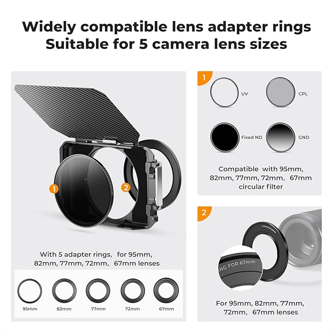 K&F CONCEPT Mini Matte Box +ND4+ND32 Filters Kit, DSLR Matte Box with Carbon Fiber Top Flag Square Filters Trays with 67/72/77/82/95mm Adapter Rings, for 4x5.65 Square UV ND Effect Filter