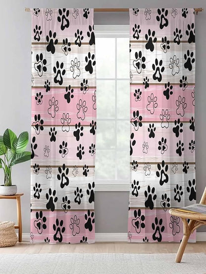 Sheer Curtains 108 Inches Long, Pink Beige Paw Print Semi Sheer Curtains Light Filtering Window Treatment, Vintage Farmhouse Country Wooden Grain Privacy Voile Drapes for Living Room 52x108 Inch