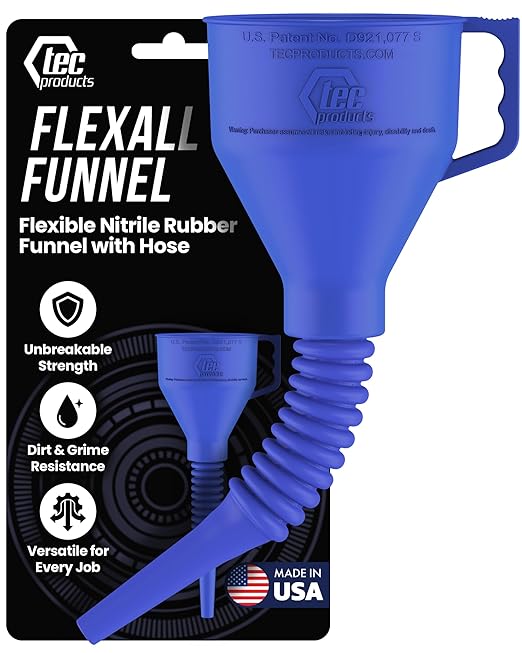 TEC Products FlexAll Long Flexible Funnels - Automotive Oil Funnel with Hose, Durable Nitrile Rubber for Oil Change, Transmission Funnel Fluid, Diesel, Fuel, Gas - Made in USA - Blue (12 x 4 Inches)
