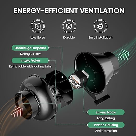 InfiniPower 4 Inch 195 CFM Inline Ventilation Fan 4" 8 Feet Aluminum Ducting, System Kit, Combo for Grow Tent, Greenhouse, Kitchen, Basement, Attic, Black