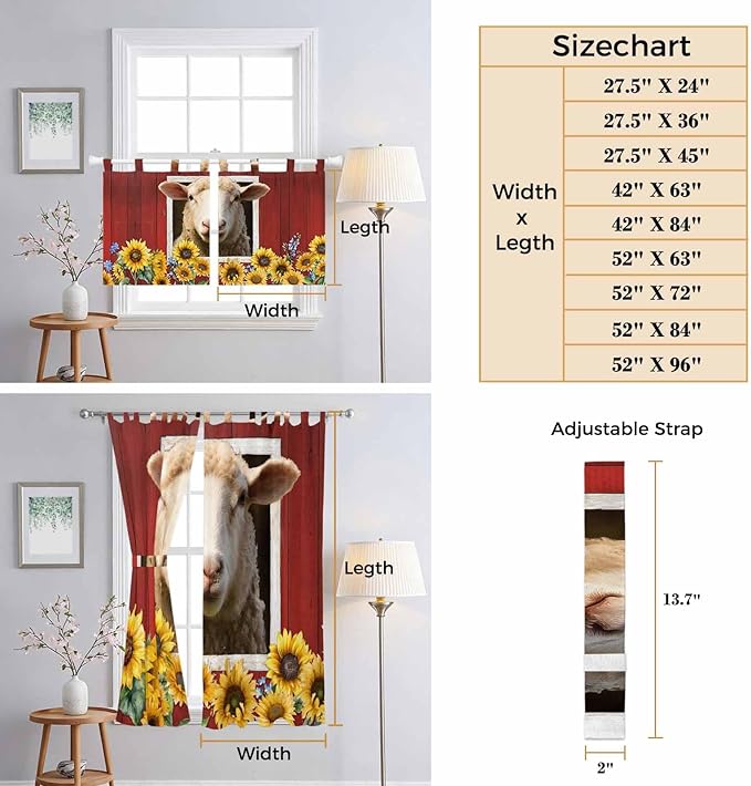 Sheep Sunflower Bathroom Curtains 63 Inch Length, Window Curtains Tab Top, Country Red Farm Barn Spring Flowers Light Filtering Window Treatments Drapes 52"x63" 2 Panel