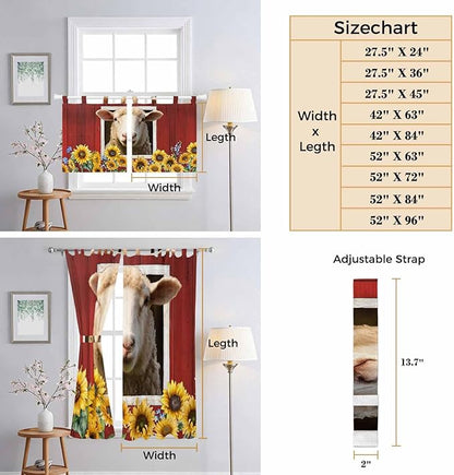 Sheep Sunflower Bathroom Curtains 63 Inch Length, Window Curtains Tab Top, Country Red Farm Barn Spring Flowers Light Filtering Window Treatments Drapes 52"x63" 2 Panel