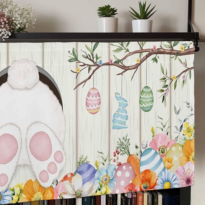 Easter Curtain Valances for Windows, Kitchen Valance Window Treatment, Spring Farmhouse Watercolor Bunny Eggs Wood Grain Light Filtering Block Curtains for Bathroom/Bedroom/Living Room 42'' x 12''