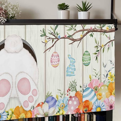 Easter Curtain Valances for Windows, Kitchen Valance Window Treatment, Spring Farmhouse Watercolor Bunny Eggs Wood Grain Light Filtering Block Curtains for Bathroom/Bedroom/Living Room 60'' x 18''