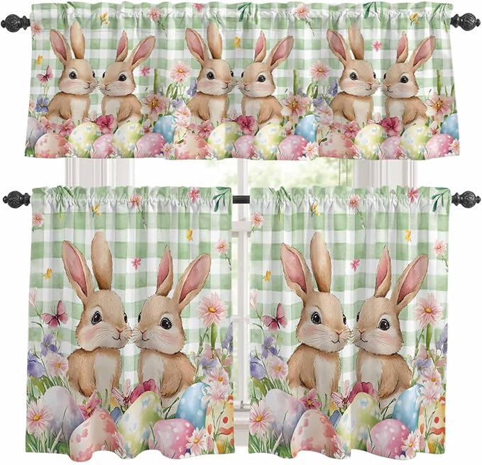 Easter Kitchen Curtains Set 3 Piece for Windows, Rod Pocket Valance and Tier Set 24 Inch Length, Spring Rabbit Eggs Flower Butterfly Green Plaid Light Filtering Cafe Curtains for Living Room Bathroom