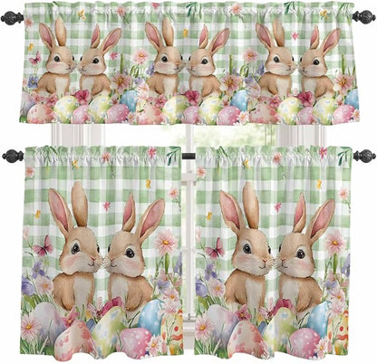 Easter Kitchen Curtains Set 3 Piece for Windows, Rod Pocket Valance and Tier Set 36 Inch Length, Spring Rabbit Eggs Flower Butterfly Green Plaid Light Filtering Cafe Curtains for Living Room Bathroom