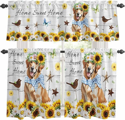 Kitchen Curtains Tiers and Valance Set of 3, Sunflowers Dog Light Filtering Window Curtain Set, Spring Watercolor Floral Stars Wood Grain Rod Pocket Curtain Drapes for Living Room, 36 Inches Tiers