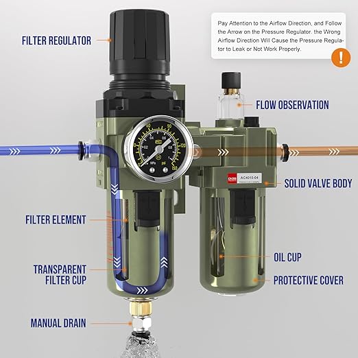 NPT 1/2 Air Regulator with Gauge,Air Compressor Water Separator with Accessories,Pneumatic Compressed Air Filter Pressure Oil Trap(AC4010-04)