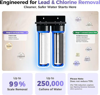 iSpring WGB22B-DS+AHPF12MNPT16X2 2-Stage Whole House Water Filter System w/ 3/4'' Push-Fit Braided Stainless Steel Hose Connectors, Reduces Scale, Corrosion, Chlorine, Taste, Odor