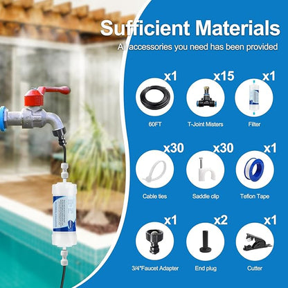 Misters for Outside Patio, Outdoor Water Misting Cooling System w Filter, 60FT|18M. Backyard Mist Kit for Garden, Greenhouse, Fan,Deck,Umbrella,Canopy,Pool,Porch,Trampoline,Park,BBQ Party Accessories