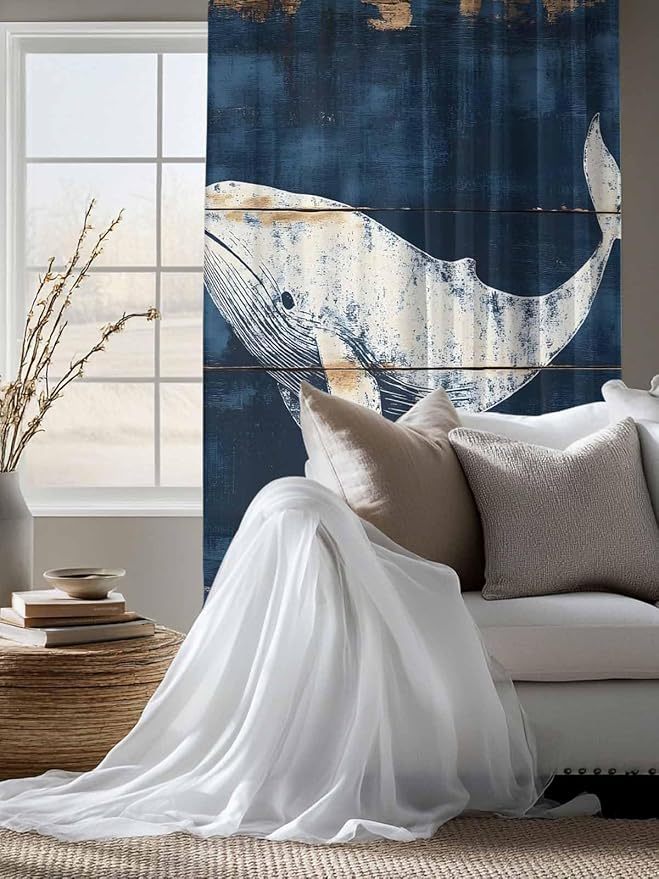Sheer Curtains 63 Inch Length, Ocean Whale Blue Semi Sheer Curtains Light Filtering Window Treatment, Coastal Vintage Wooden Grain Privacy Voile Drapes for Living Room Bedroom 52x63 Inch