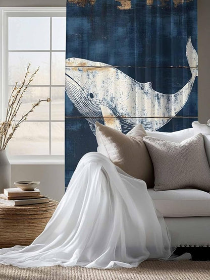 Sheer Curtains 63 Inch Length, Ocean Whale Blue Semi Sheer Curtains Light Filtering Window Treatment, Coastal Vintage Wooden Grain Privacy Voile Drapes for Living Room Bedroom 52x63 Inch