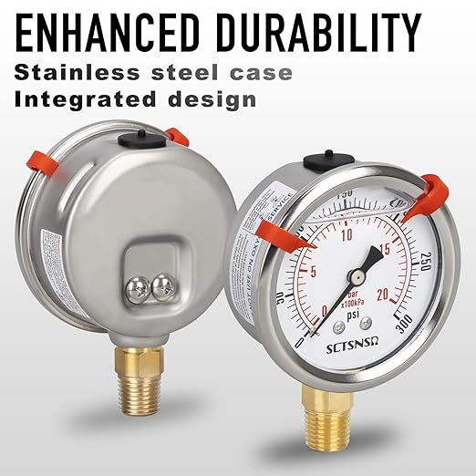 0 to 300 Psi Pressure Gauge, Glycerin Liquid Filled, 2.5 inch Dial, 1/4" NPT Lower Mount, Stainless Steel Case, for Regulator, Air Compressor, Water System, HVAC, Hydraulic, Pressure Test