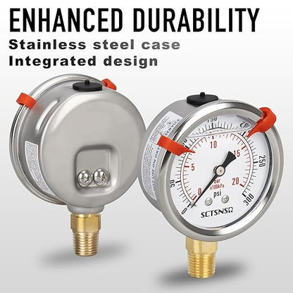 0 to 300 Psi Pressure Gauge, Glycerin Liquid Filled, 2.5 inch Dial, 1/4" NPT Lower Mount, Stainless Steel Case, for Regulator, Air Compressor, Water System, HVAC, Hydraulic, Pressure Test