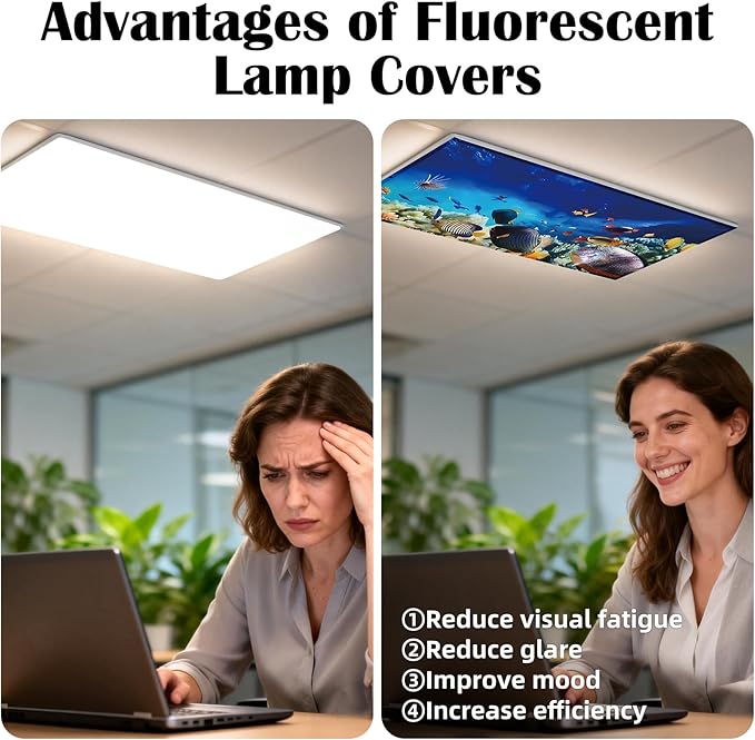 4 Pcs Fluorescent Light Covers - Classroom, Office 4 x 2 Feet Flame Retardant Magnetic Covers for Ceiling Lights Filters (Underwater World)