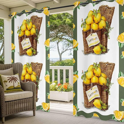 Lemon Outdoor Curtains for Patio Lemons in Baskets Summer Tropical Plants Green Waterproof Outside Curtains with Grommet Top Weatherproof Curtain for Cabana Pergola Gazebo, 1 Panel, 54" W x 84" L