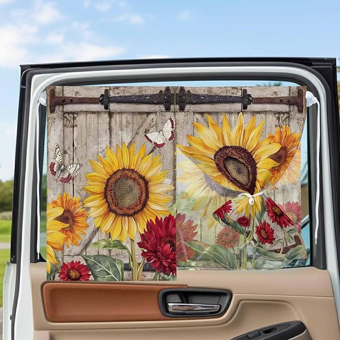 Sunflowers Magnetic Double Layer Car Window Shades,Side Window Curtains for Blackout/Breathable Mesh View,Retro Flower Barn Doors Butterfly Farmhouse Brown Heat Protection Sun Shades 26x20in 2pcs