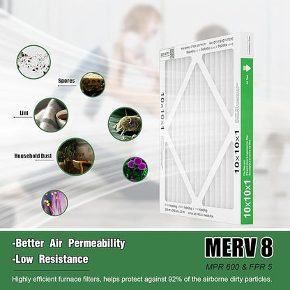 10x10x1 Air Filter 6 Pack, Durable MERV 8 Pleated Home HVAC AC Furnace Filters, Lightweight Compact Air Conditioner Filter Replacement