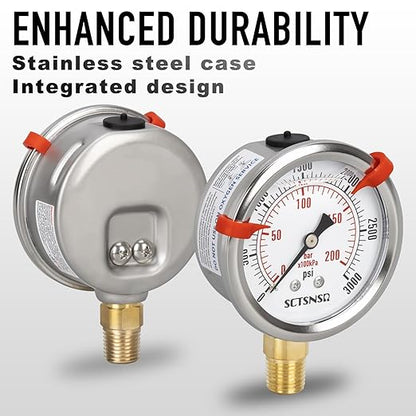 0 to 3000 Psi Pressure Gauge, Glycerin Liquid Filled, 2.5 inch Dial, 1/4" NPT Lower Mount, Stainless Steel Case, for Regulator, Brew Setup, Beer, Kombucha, HVAC, Hydraulic, High Pressure Test