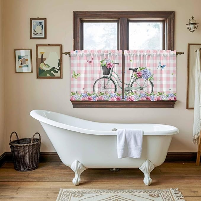 Spring Tier Curtains, Bicycles Leaves Butterfly Flowers Pink Buffalo Plaid Light Filtering Kitchen Curtains, 2Pcs Rod Pocket Half Window Treatments Panels for Sink Cafe Cabinet Camper 27.5x36 Inches