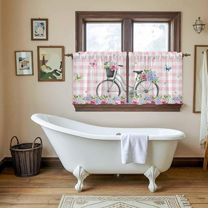 Spring Tier Curtains, Bicycles Leaves Butterfly Flowers Pink Buffalo Plaid Light Filtering Kitchen Curtains, 2Pcs Rod Pocket Half Window Treatments Panels for Sink Cafe Cabinet Camper 27.5x36 Inches