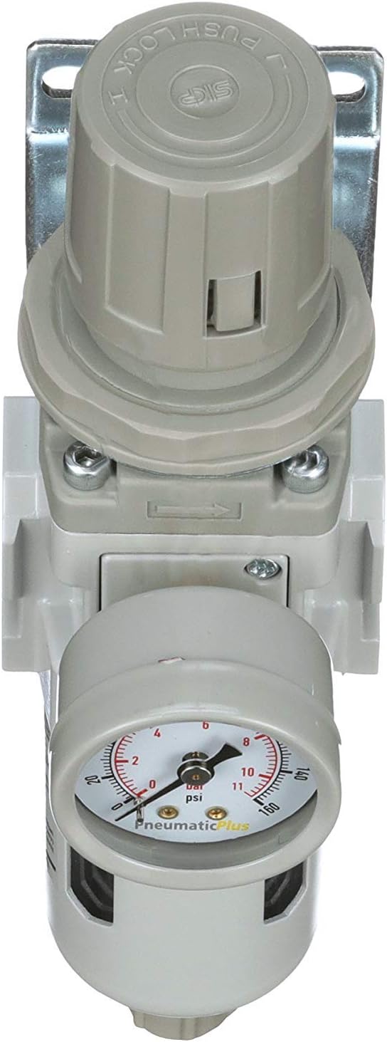 PneumaticPlus SAW300-N03BG Compressed Air Filter Regulator Piggyback Combo 3/8" NPT - Poly Bowl, Manual Drain, Bracket, Gauge