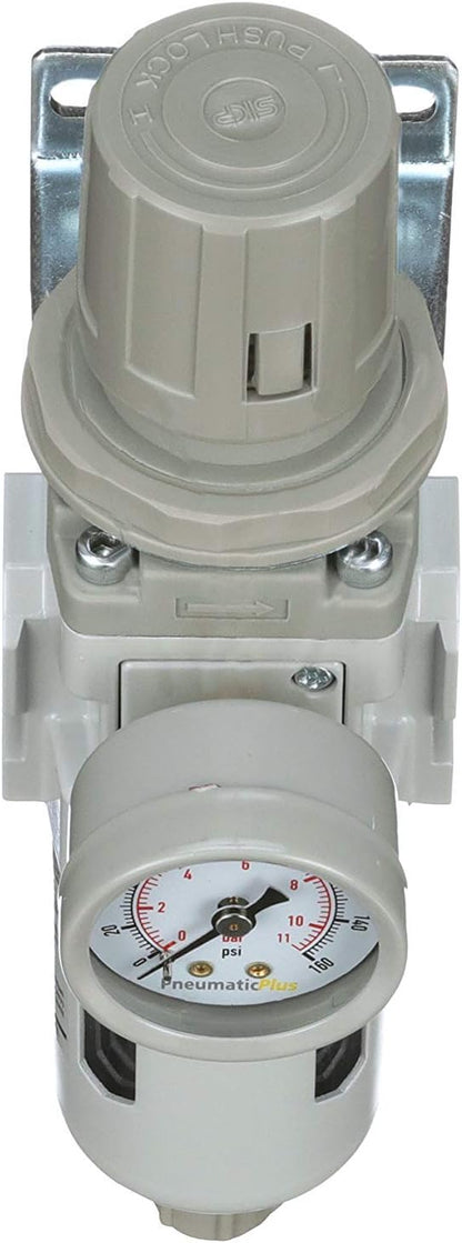 PneumaticPlus SAW300-N03BG Compressed Air Filter Regulator Piggyback Combo 3/8" NPT - Poly Bowl, Manual Drain, Bracket, Gauge