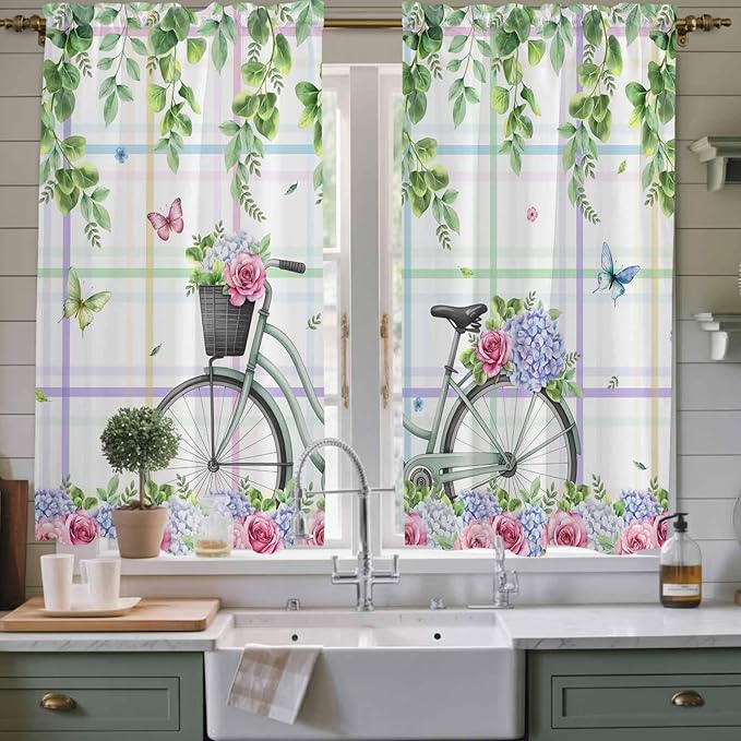 Spring Kitchen Curtains, Bicycles Botanical Leaves Rose Colorful Stripes Light Filtering Window Curtain Panels, 2Pcs Rod Pocket Window Treatments Set for Living Room Bathroom Bedroom 42x63 Inches